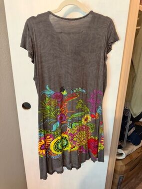 Gray Mini Dress with Multicolor Floral Border